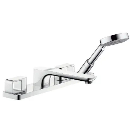 Armatur aus Chrom mit einem Hebel und einer abnehmbaren Handbrause. Das Design zeigt klare Linien und moderne Formen. Sie stammt von der Marke AXOR.